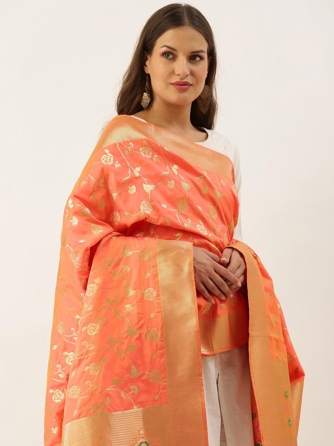 SANGAM PRINTS Peach-Coloured &Golden Ethnic Motifs Woven Design Dupatta with Tassel Detail