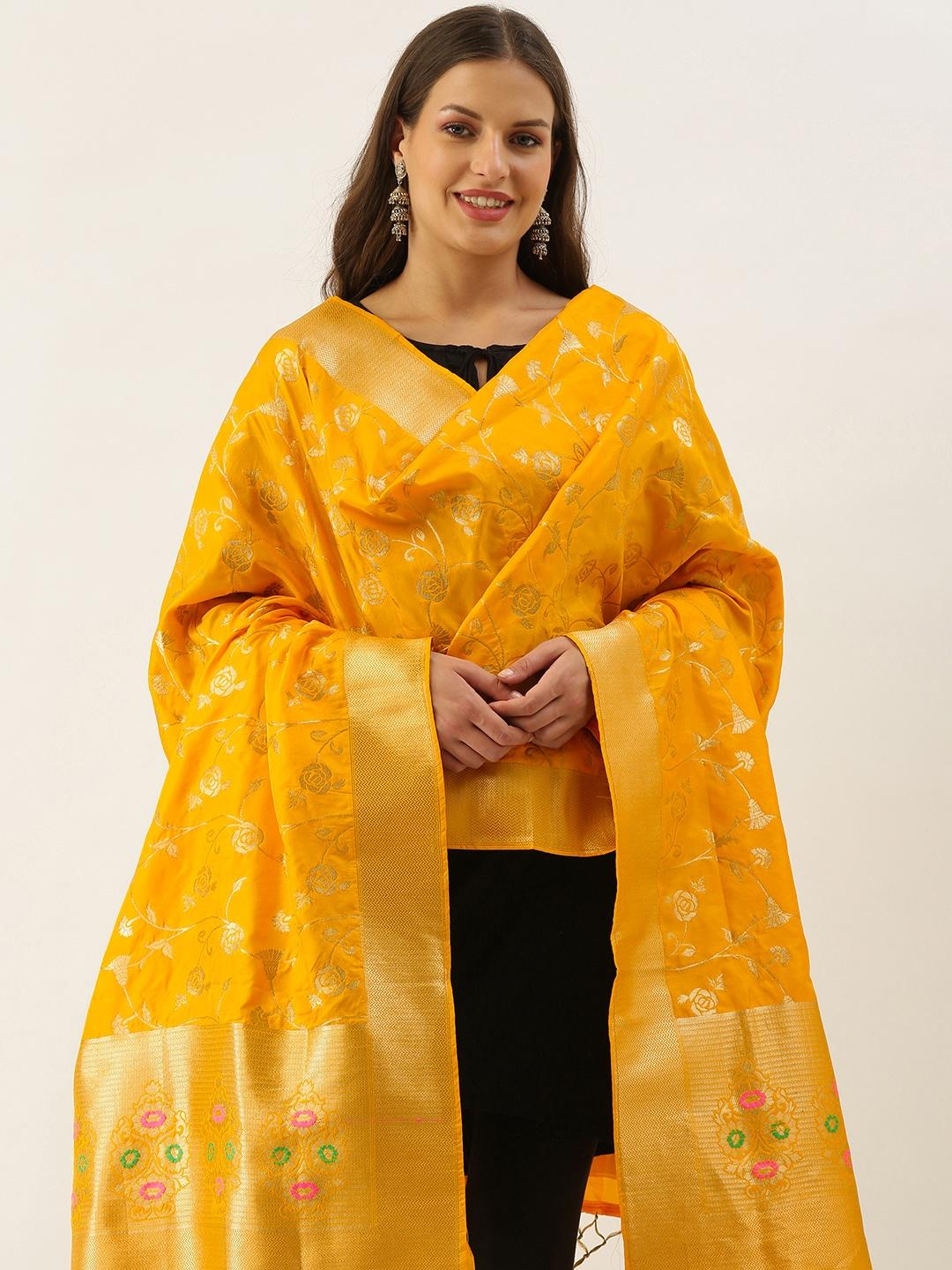 SANGAM PRINTS Mustard & Golden Ethnic Motifs Woven Design Dupatta with Tassel Detail