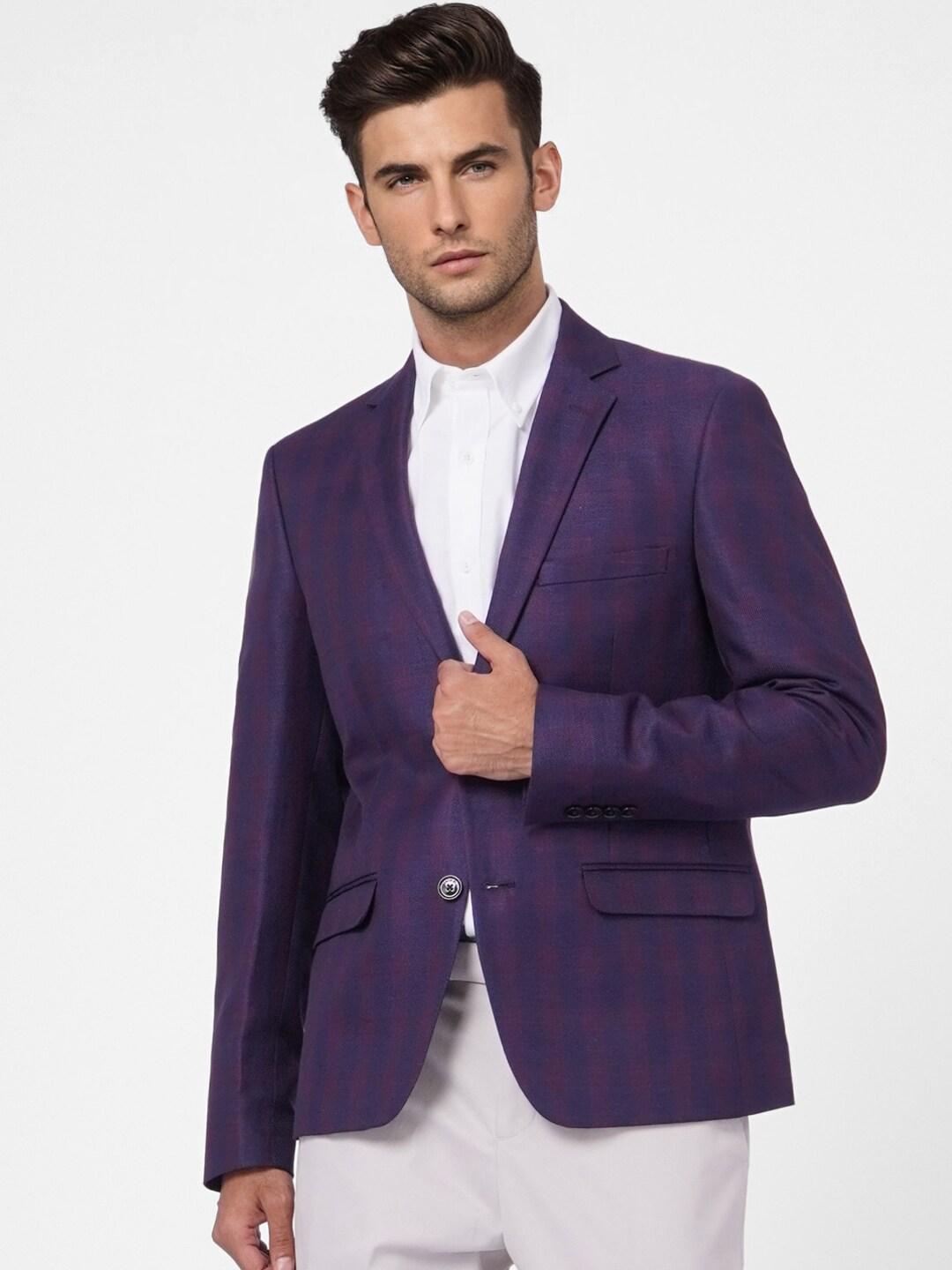 Jack & Jones Men Purple Checked Single-Breasted Linen Blazer