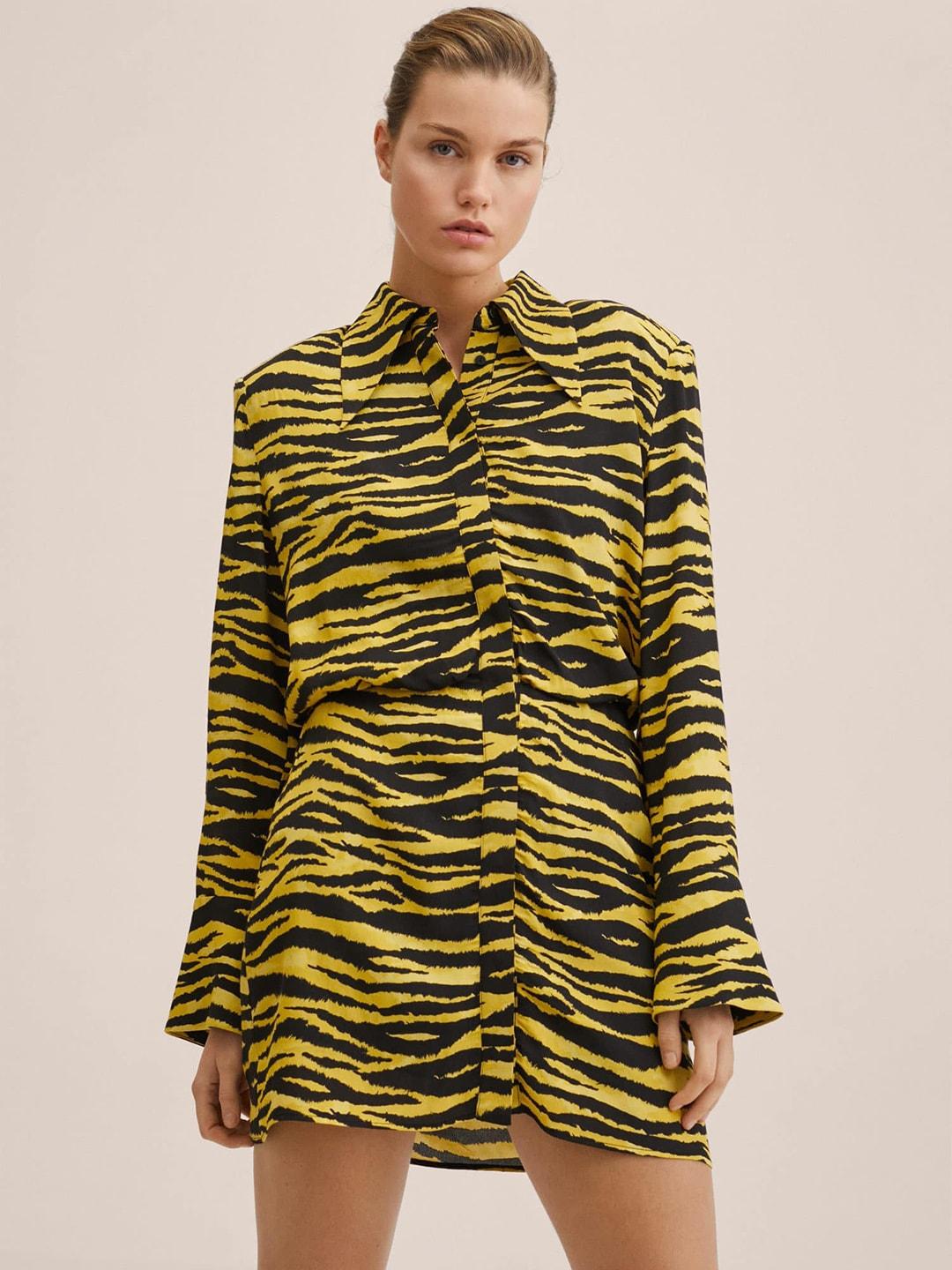 mango-women-yellow-&-black-zebra-print-shirt-mini-dress