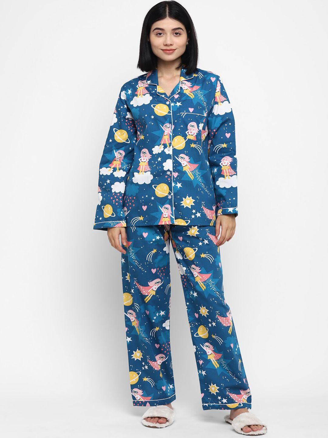 Shopbloom Woman Royal Blue Wonder Girl Print Long Sleeve Night Suit