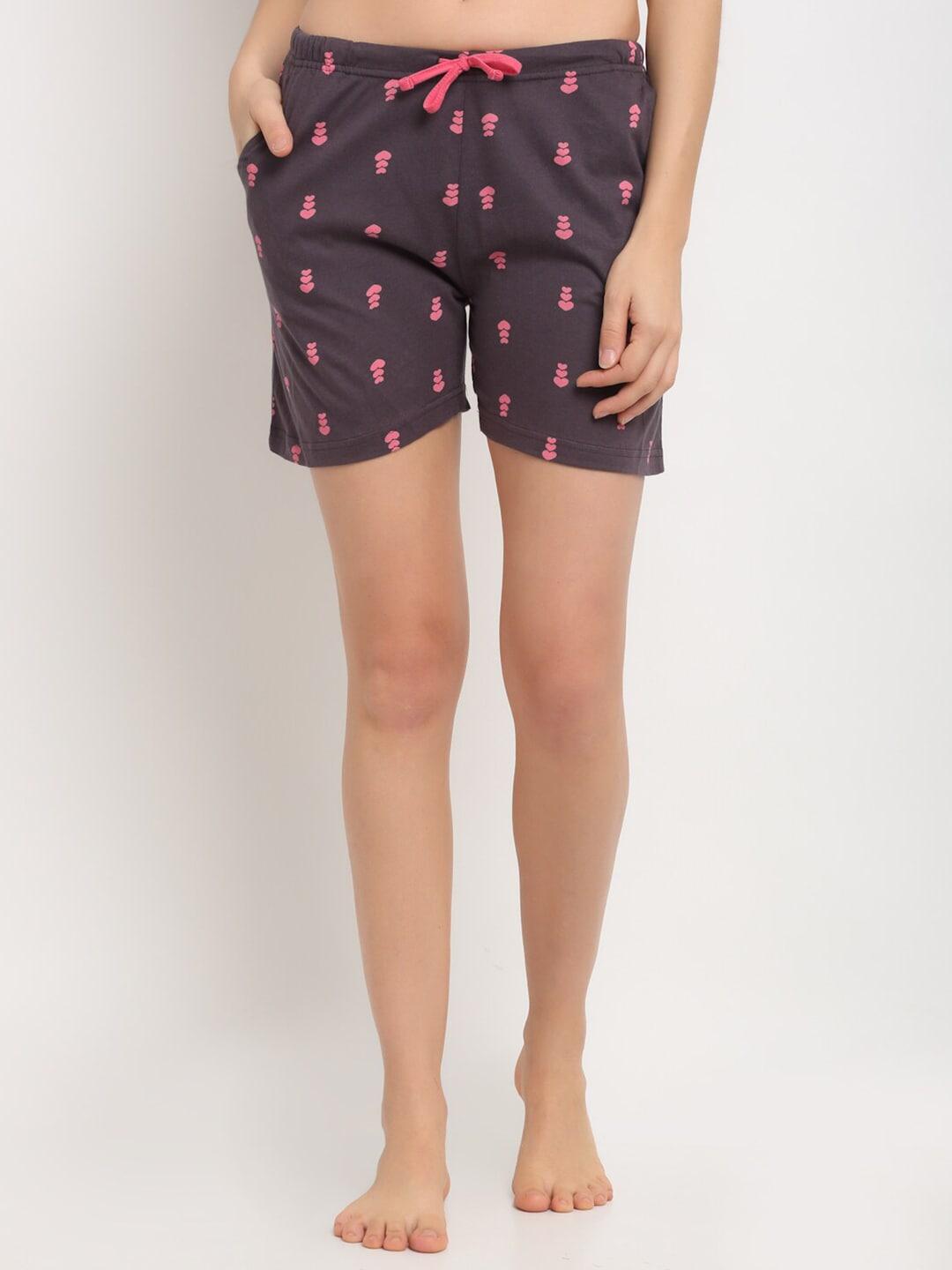 Kanvin Women Purple & Pink Printed Pure Cotton Lounge Shorts