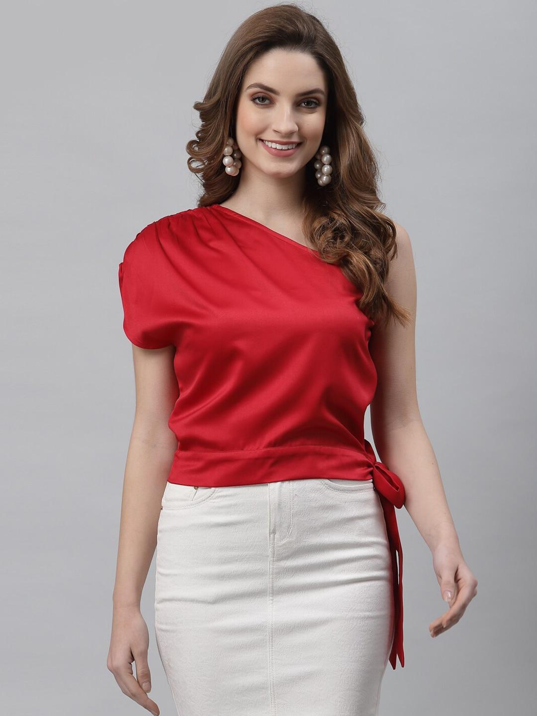 neudis-red-one-shoulder-extended-sleeves-sheen-satin-top