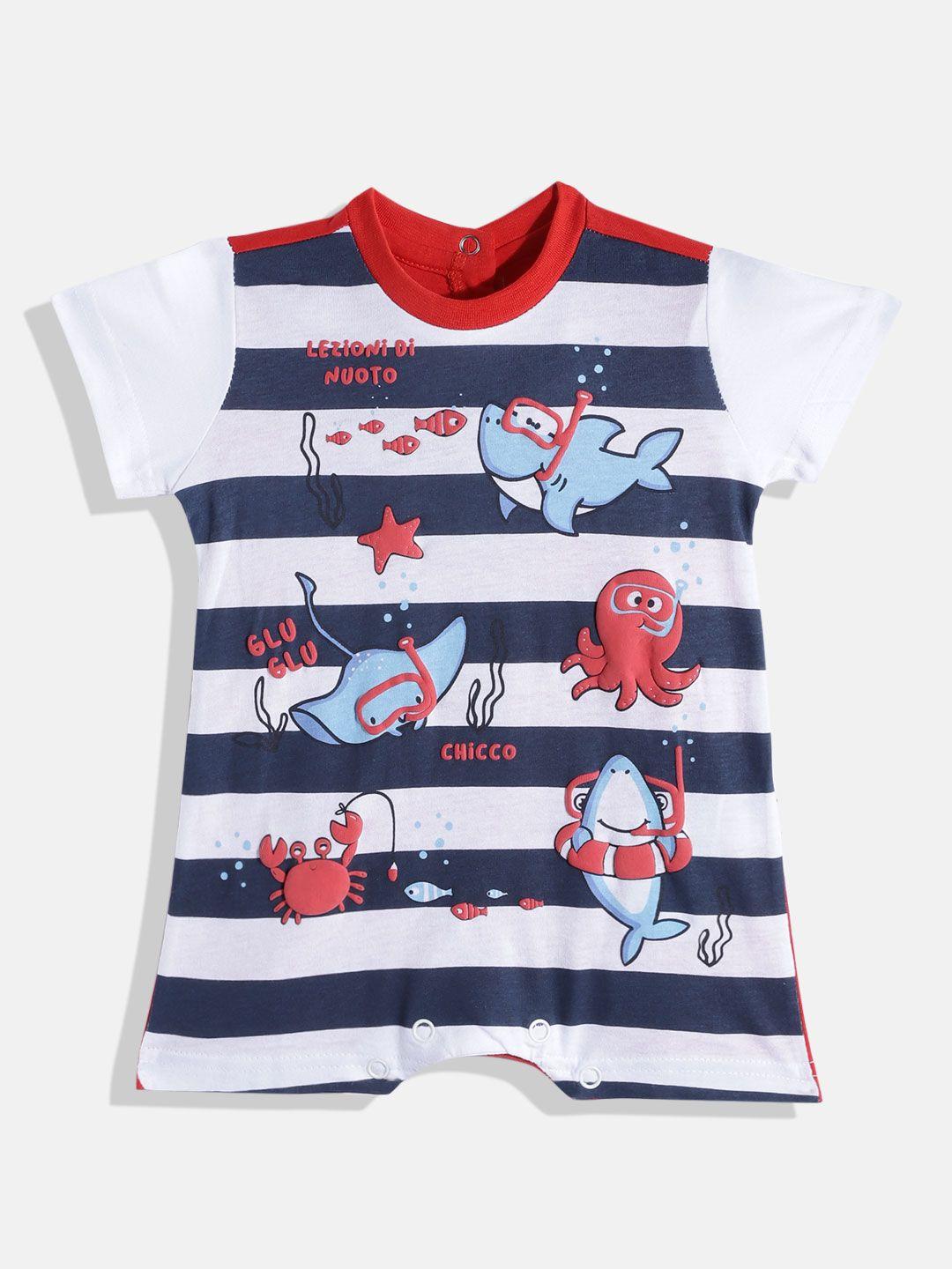 chicco-infant-boys-white-&-blue-striped-&-graphic-print-cotton-rompers