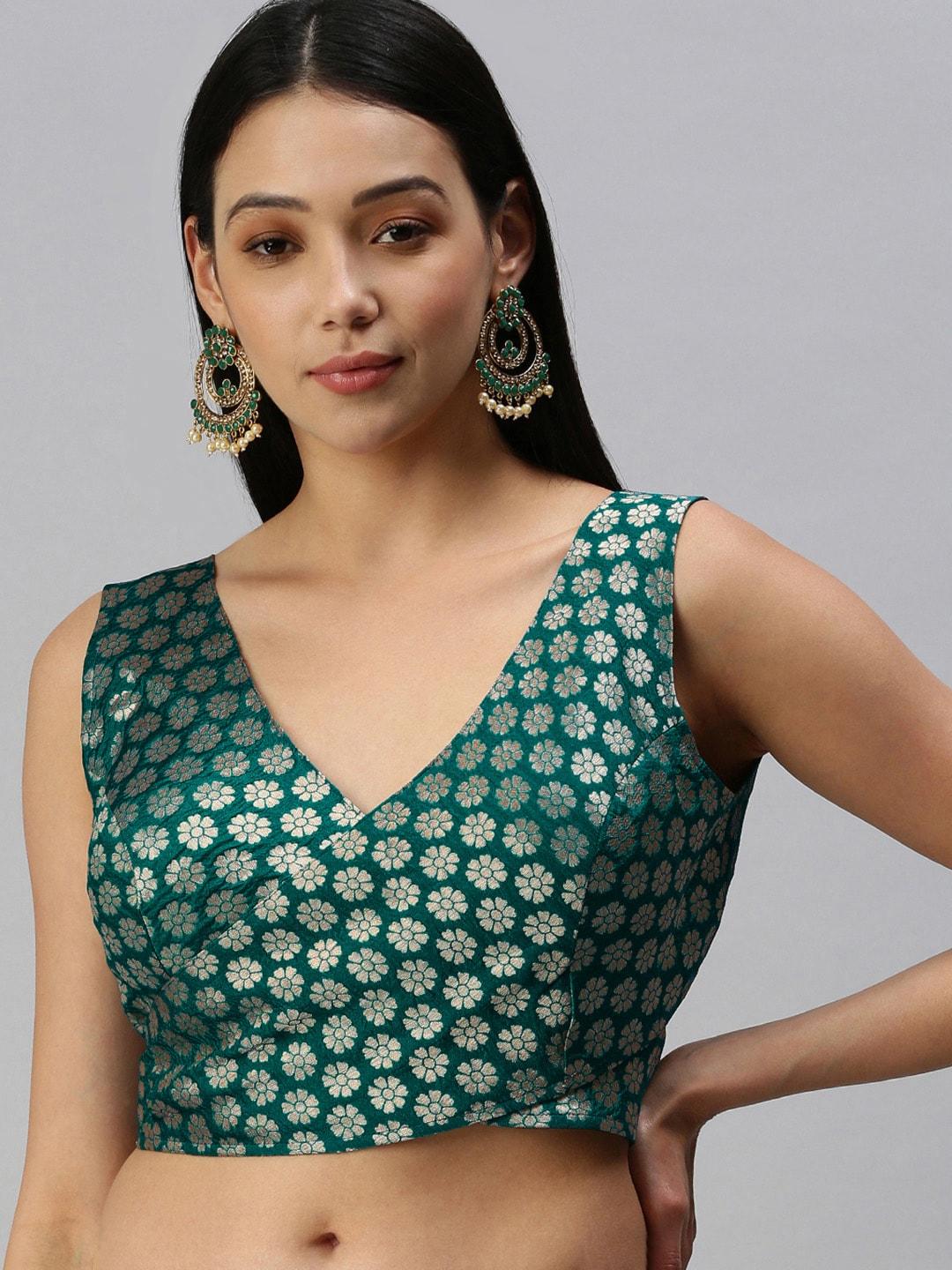 flaher Women Teal Green & Golden Floral Woven Design Jacquard Padded Blouse