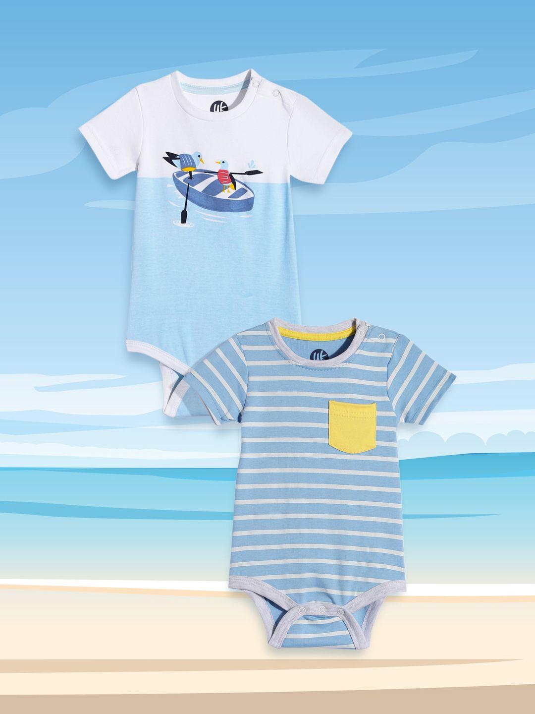 yk-infant-boys-blue-&-white-pack-of-2-striped-&-printed-pure-cotton-knitted-rompers