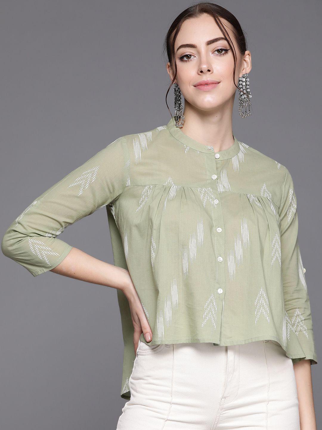 indo-era-olive-green-print-mandarin-collar-top