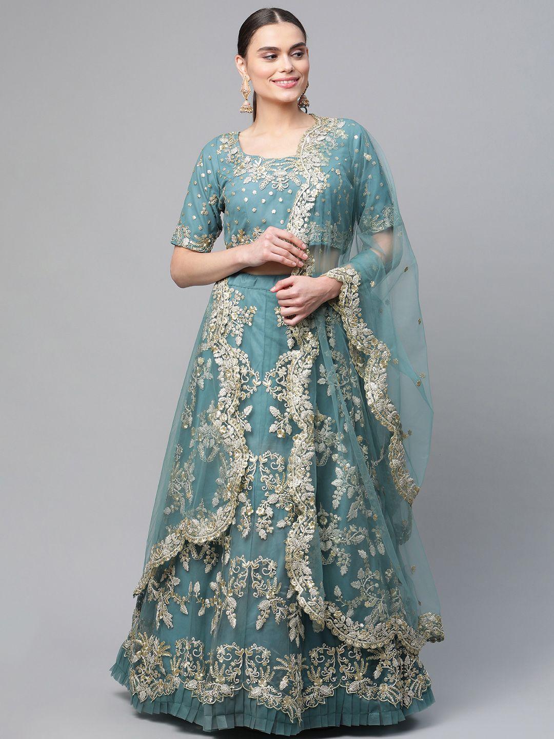 Readiprint Fashions Teal & Gold-Toned Embroidered Semi-Stitched Lehenga & Unstitched Blouse With Dupatta