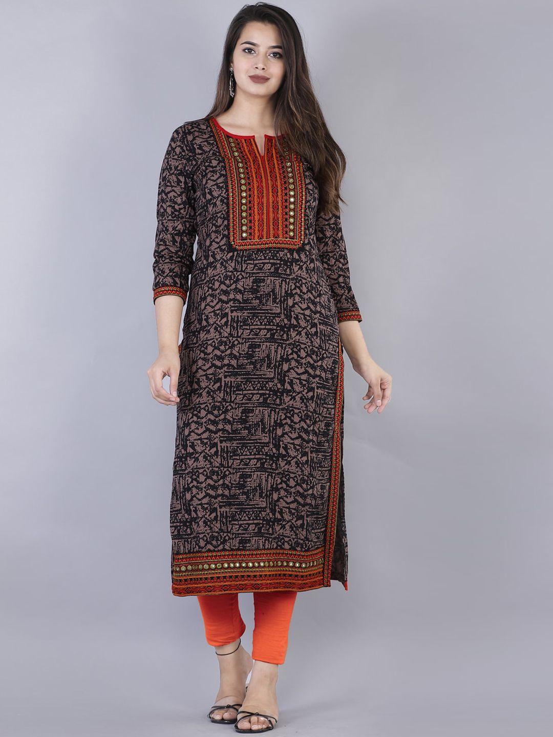 kalini-women-brown-geometric-printed-flared-sleeves-thread-work-kurta