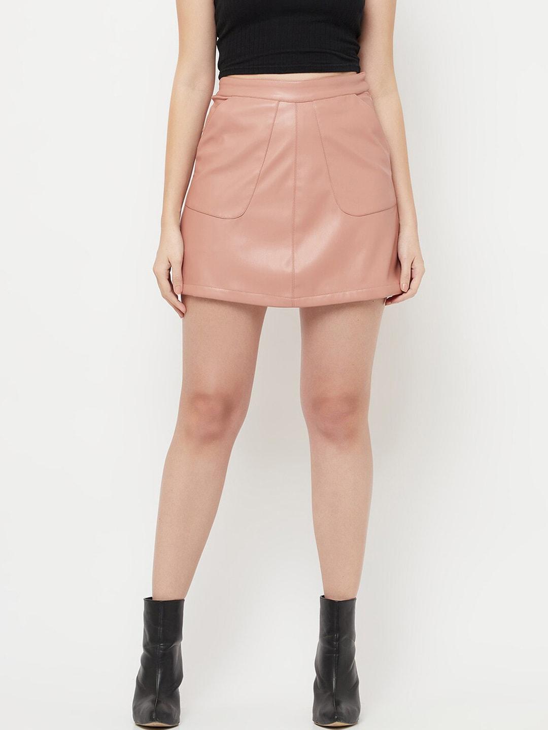 crimsoune-club-women-pink-solid-a-line-mini-skirt