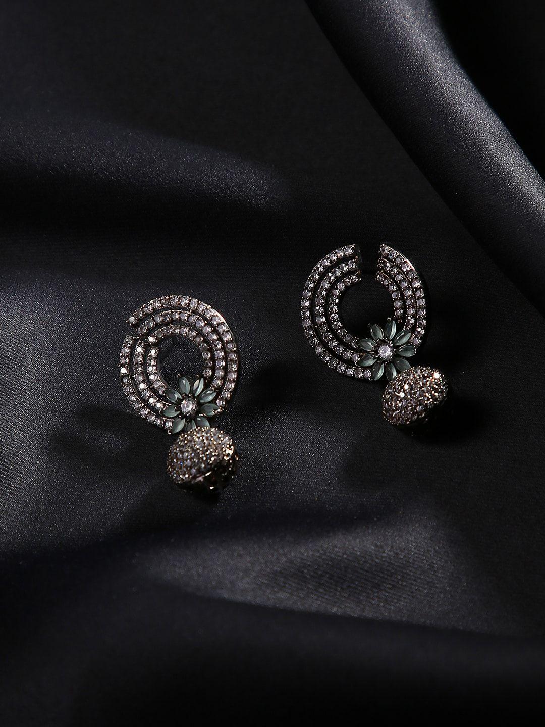 justpeachy Black Silver Plated Studded Circular Drop Earrings