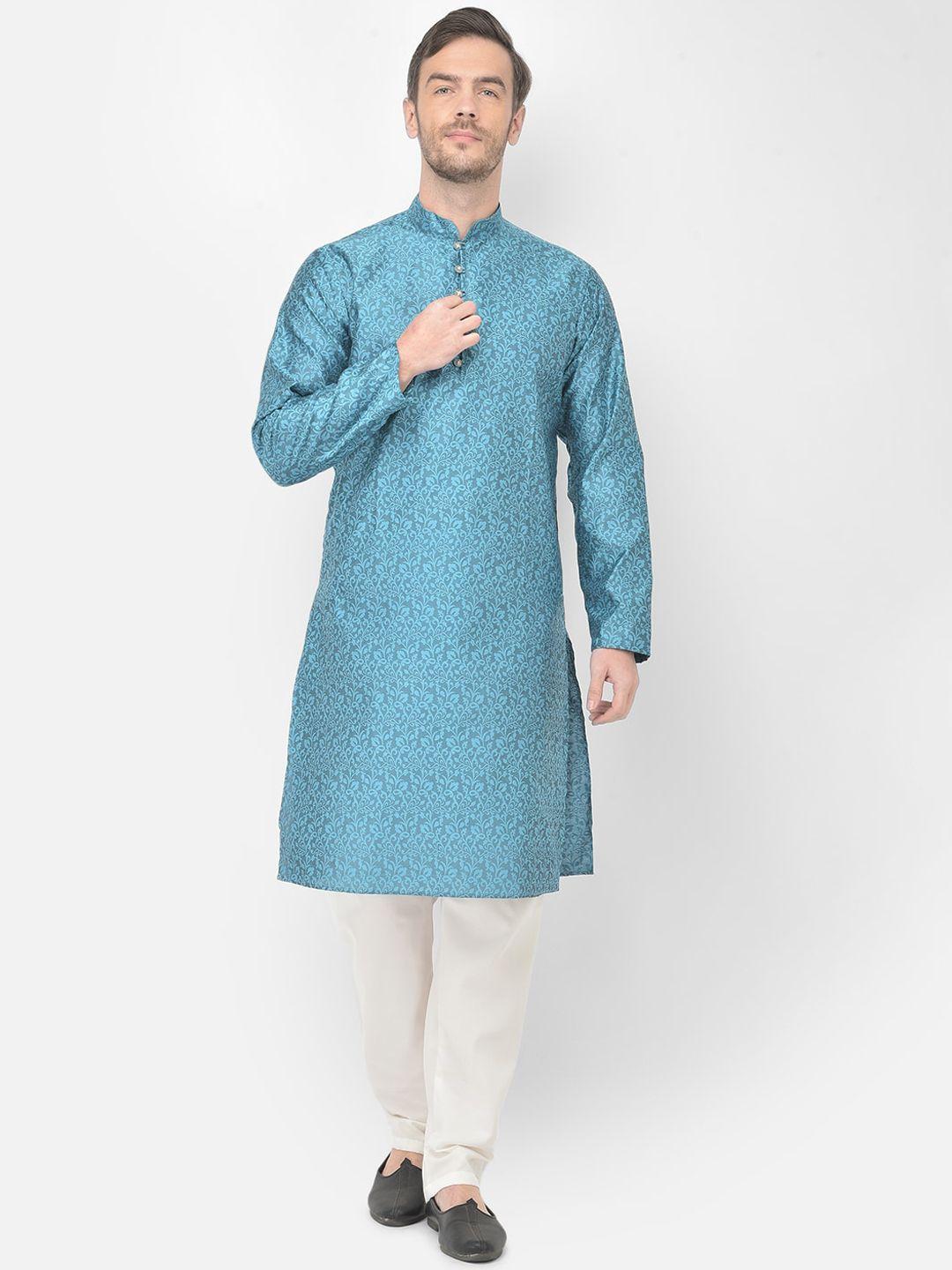 SG LEMAN Men Turquoise Blue Ethnic Motifs Raw Silk Kurta with Pyjamas