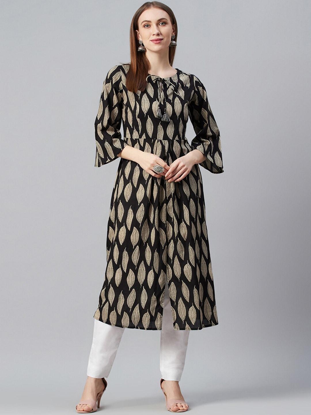 anayna-women-black-&-beige-floral-printed-flared-sleeves-pure-cotton-kurta