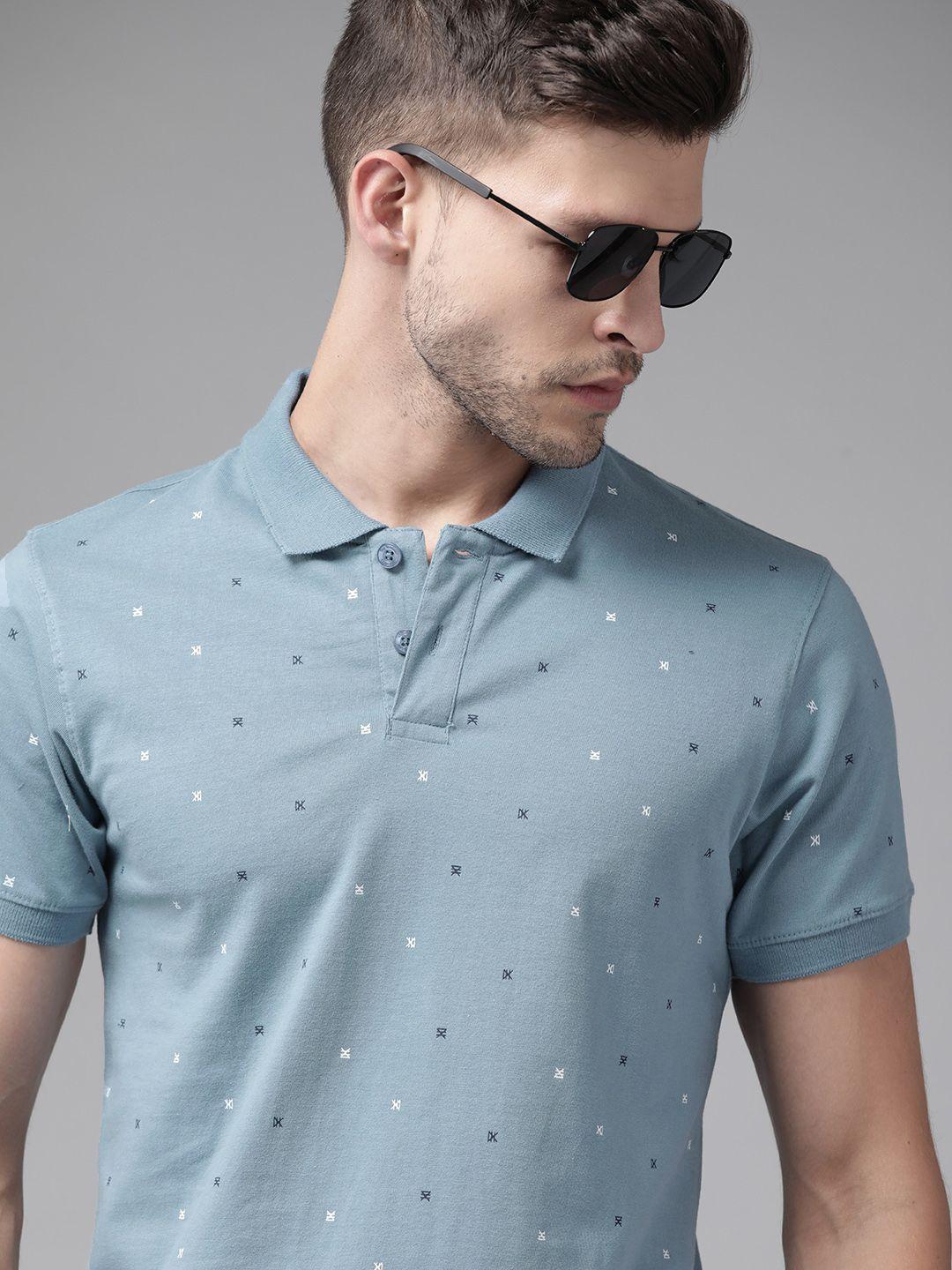 Roadster Men Blue Abstract Printed Polo Collar Pure Cotton T-shirt