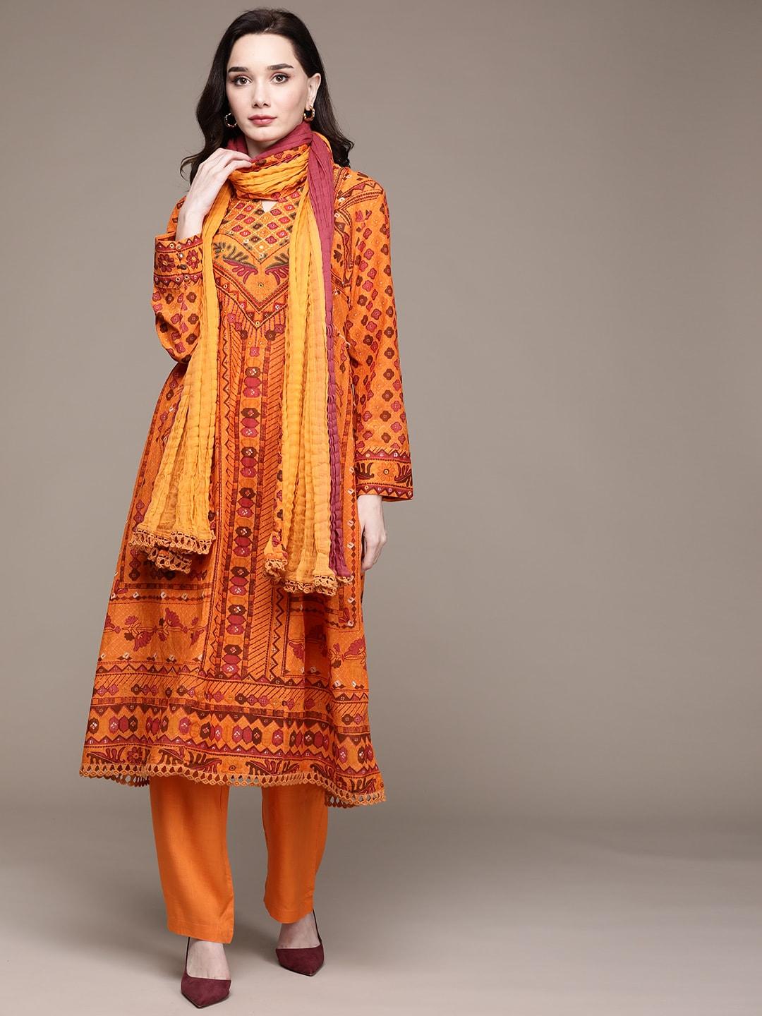 Ritu Kumar Women Orange Embroidered Pure Cotton Kurta with Trousers & Dupatta
