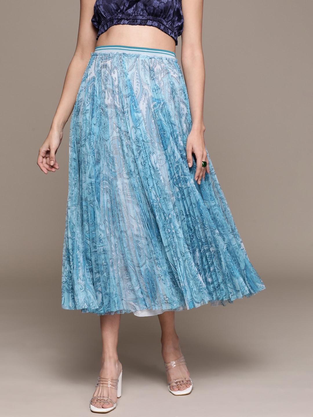Label Ritu Kumar Blue Ethnic Motifs Print Accordian Pleats Tulle Polyester Flared Skirt