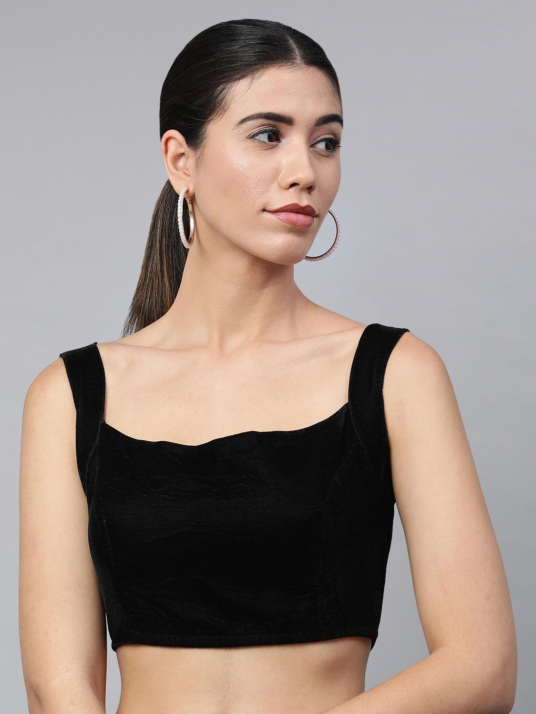 flaher-women-black-solid-velvet-backless-ready-made-padded-blouse