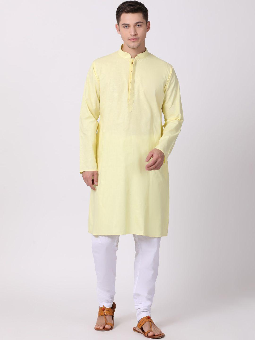TABARD Men Yellow & White Solid Cotton Kurta with Churidar
