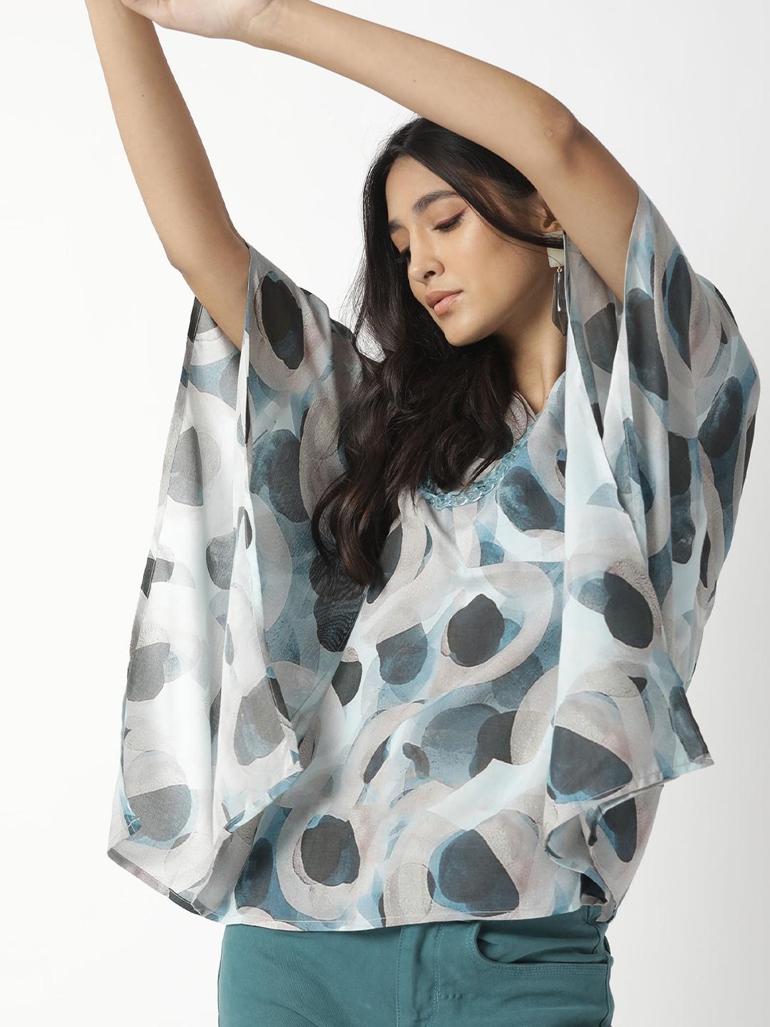 rareism-woman-blue-geometric-print-extended-sleeves-wrap-top