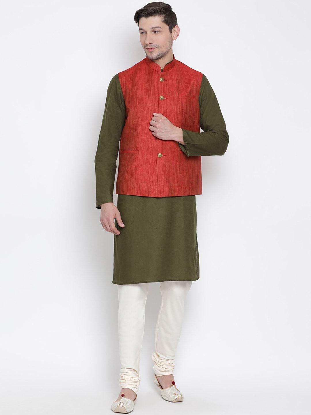 vastramay-men-olive-green-kurta-with-churidar-&-nehru-jacket