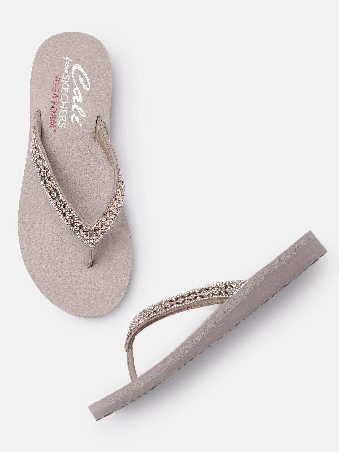 skechers-women-taupe-embellished-t-strap-flats