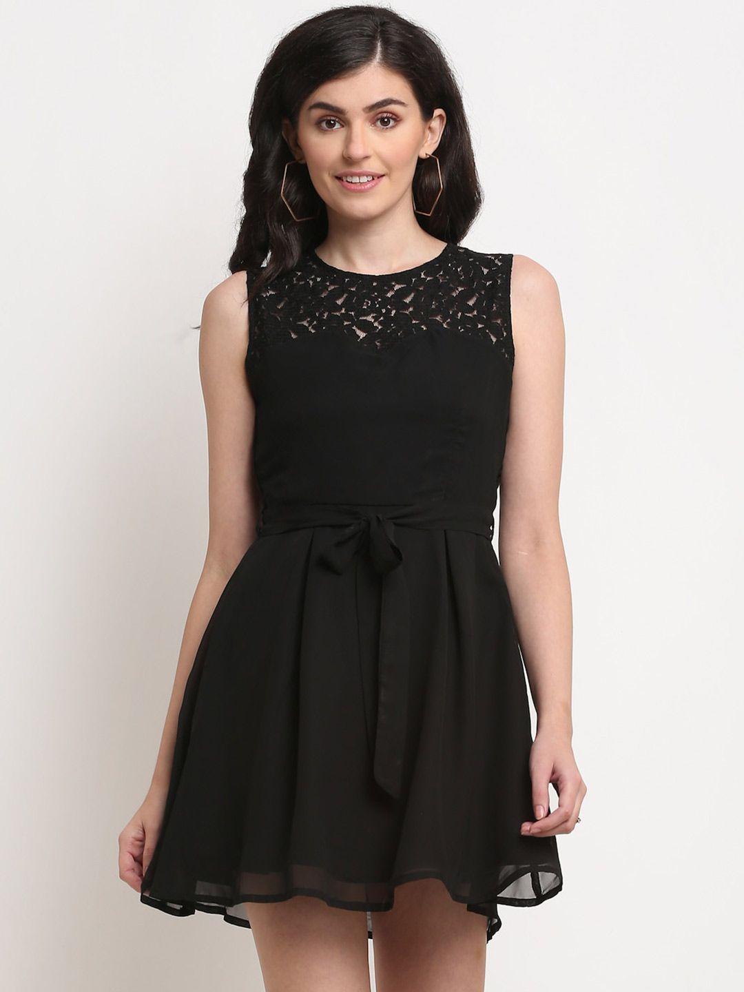 la-zoire-black-lace-belted-georgette-dress