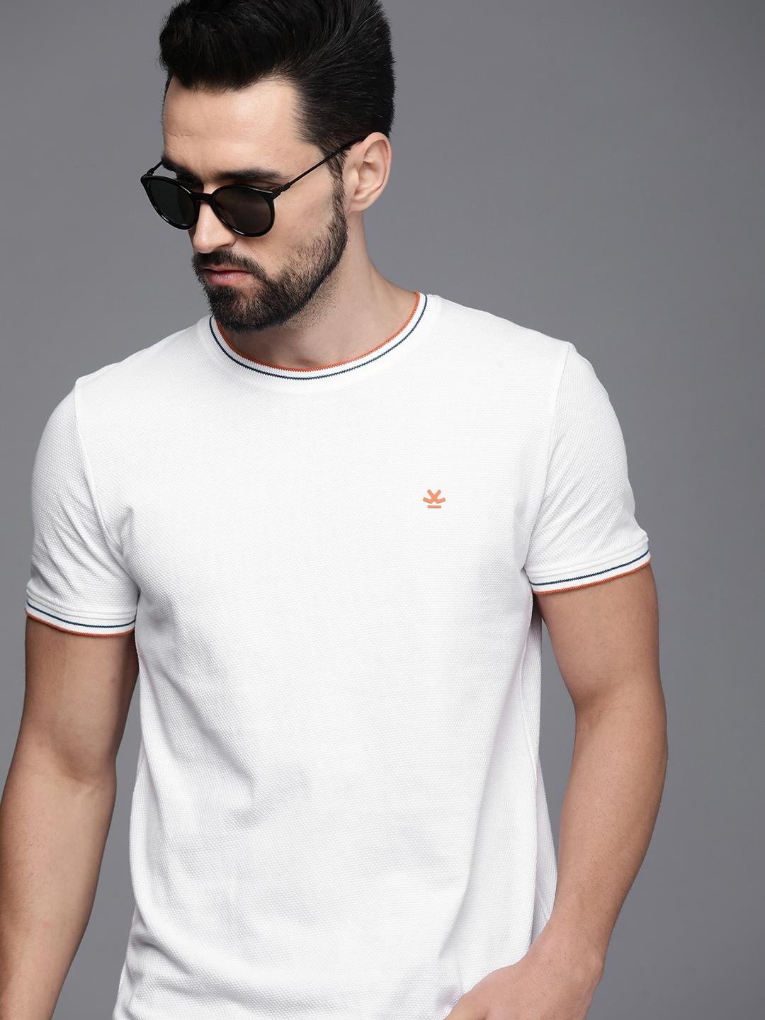 WROGN Men White Self Design Pure Cotton Applique Slim Fit T-shirt