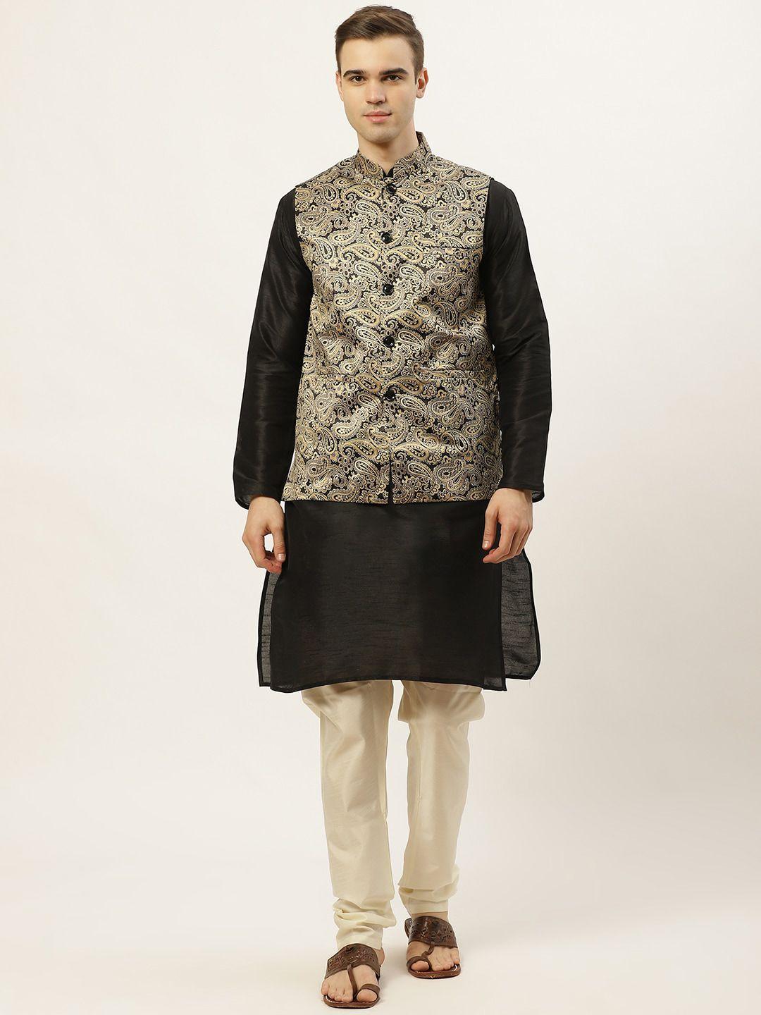 Jompers Men Black & Off-White Dupion Silk Kurta with Pyjamas & Nehru Jacket