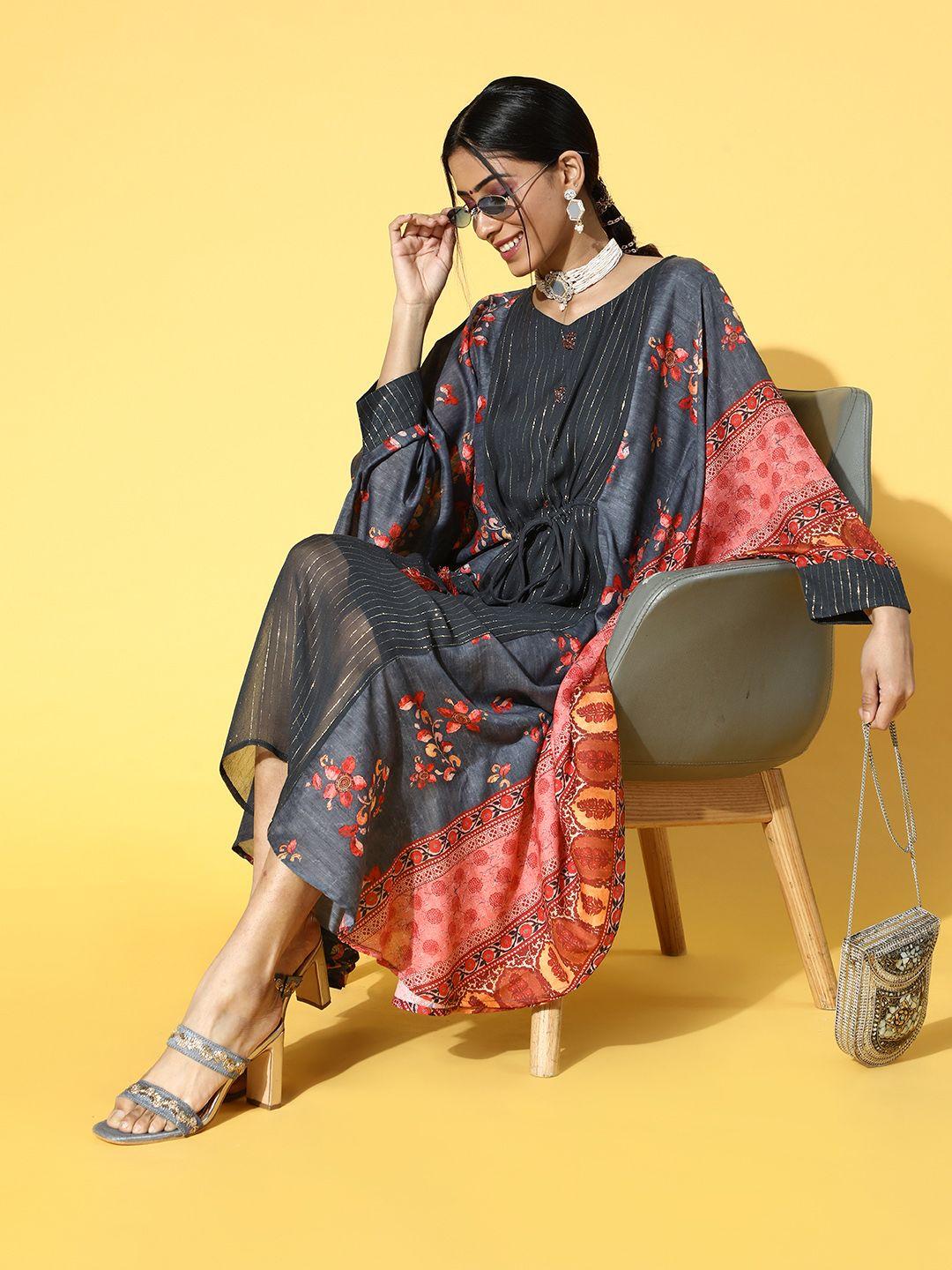 soch-women-charcoal-muslin-striped-&-printed-kaftan-dress