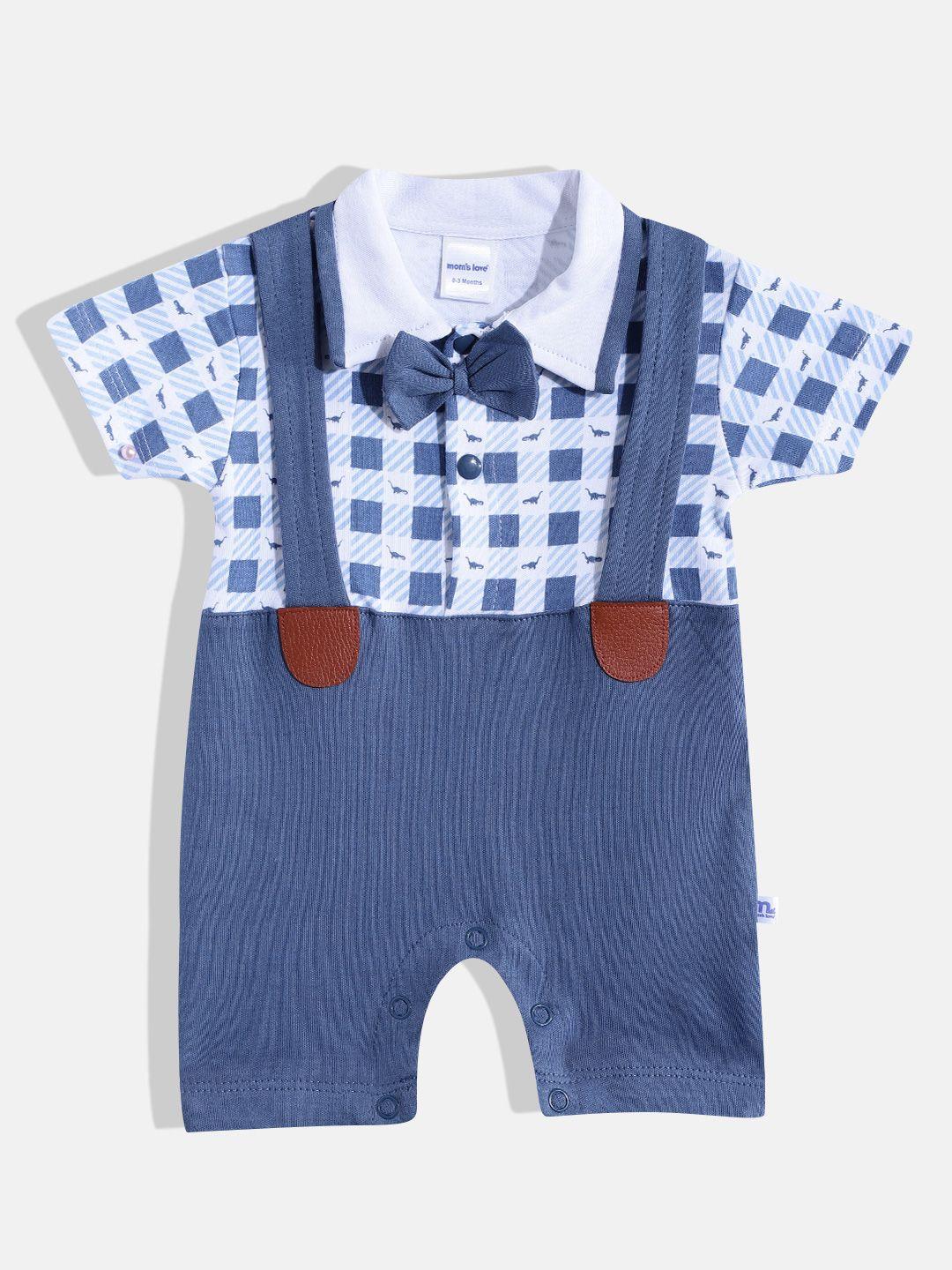 Moms Love Infant Boys Blue & White Checked Pure Cotton Rompers