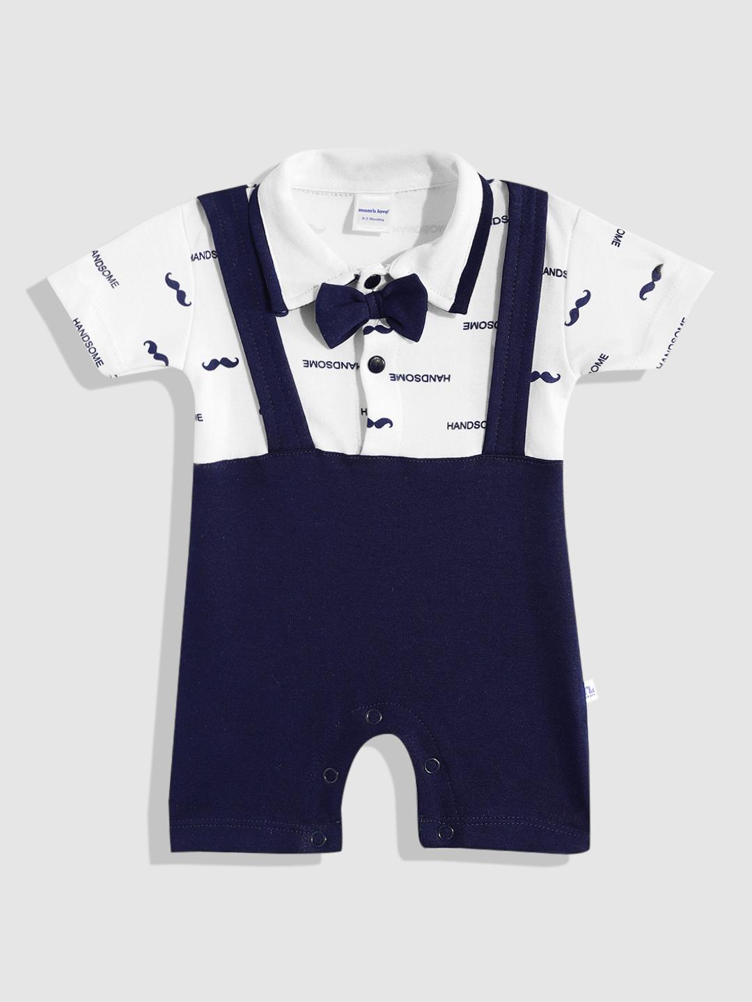 Moms Love Infant Boys Navy Blue & White Printed Pure Cotton Rompers