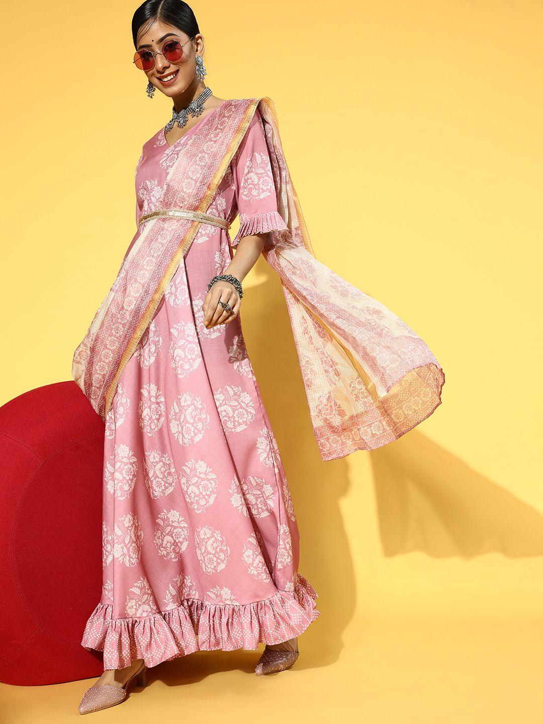 Yufta Women Pretty Pink Ethnic Motifs Draped Luxe Dress