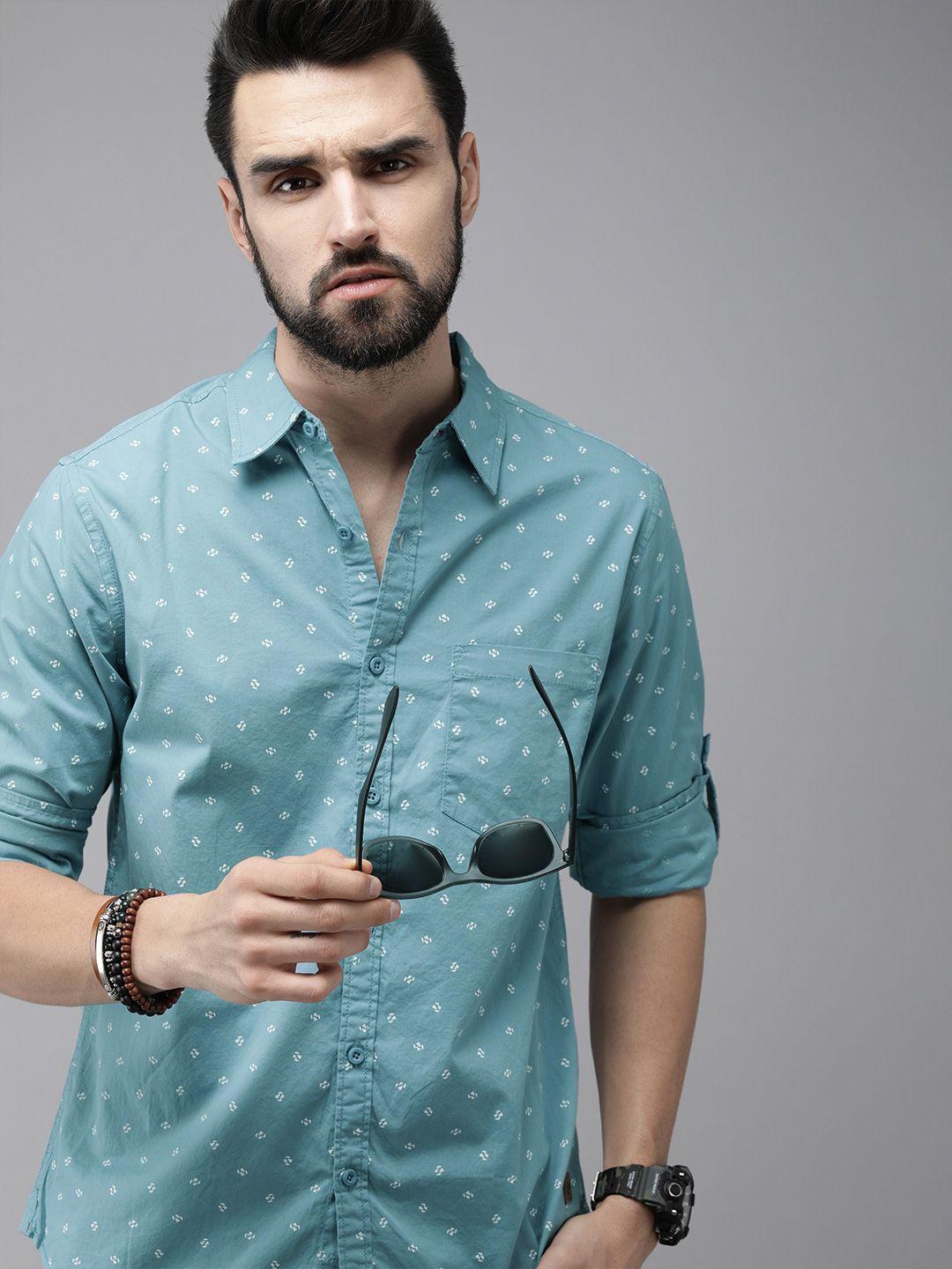 The Roadster Lifestyle Co Men Blue Geometric Printed Pure Cotton Sustainable Casual Shirt