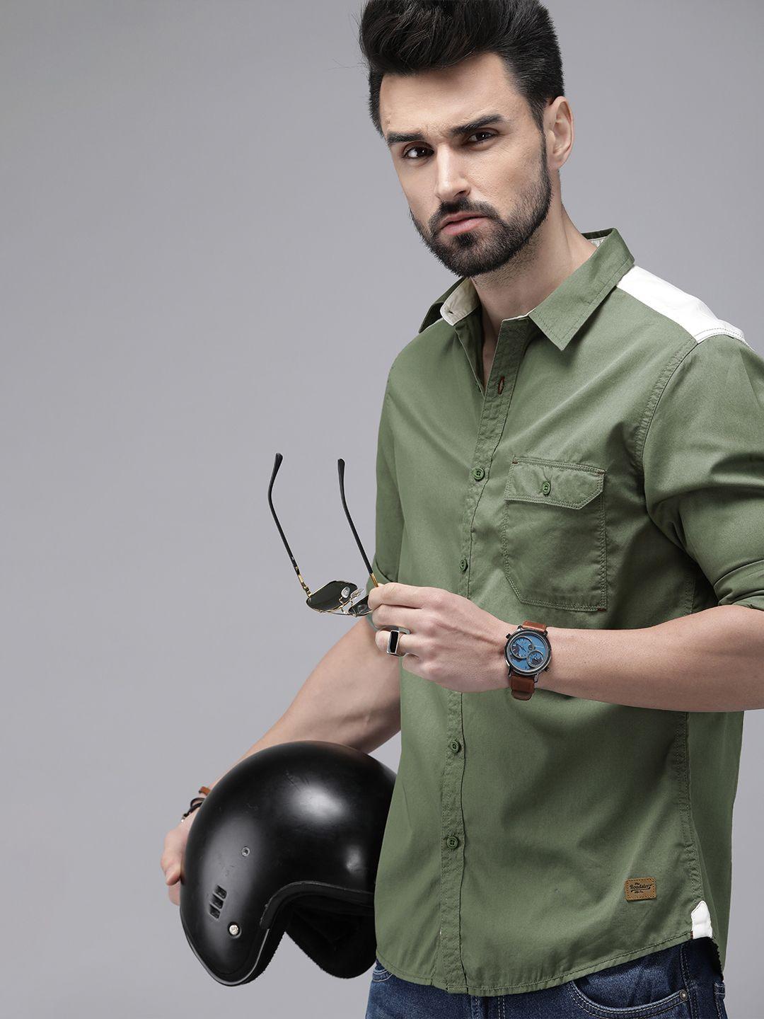 roadster-men-olive-green-&-white-colourblocked-sustainable-casual-shirt
