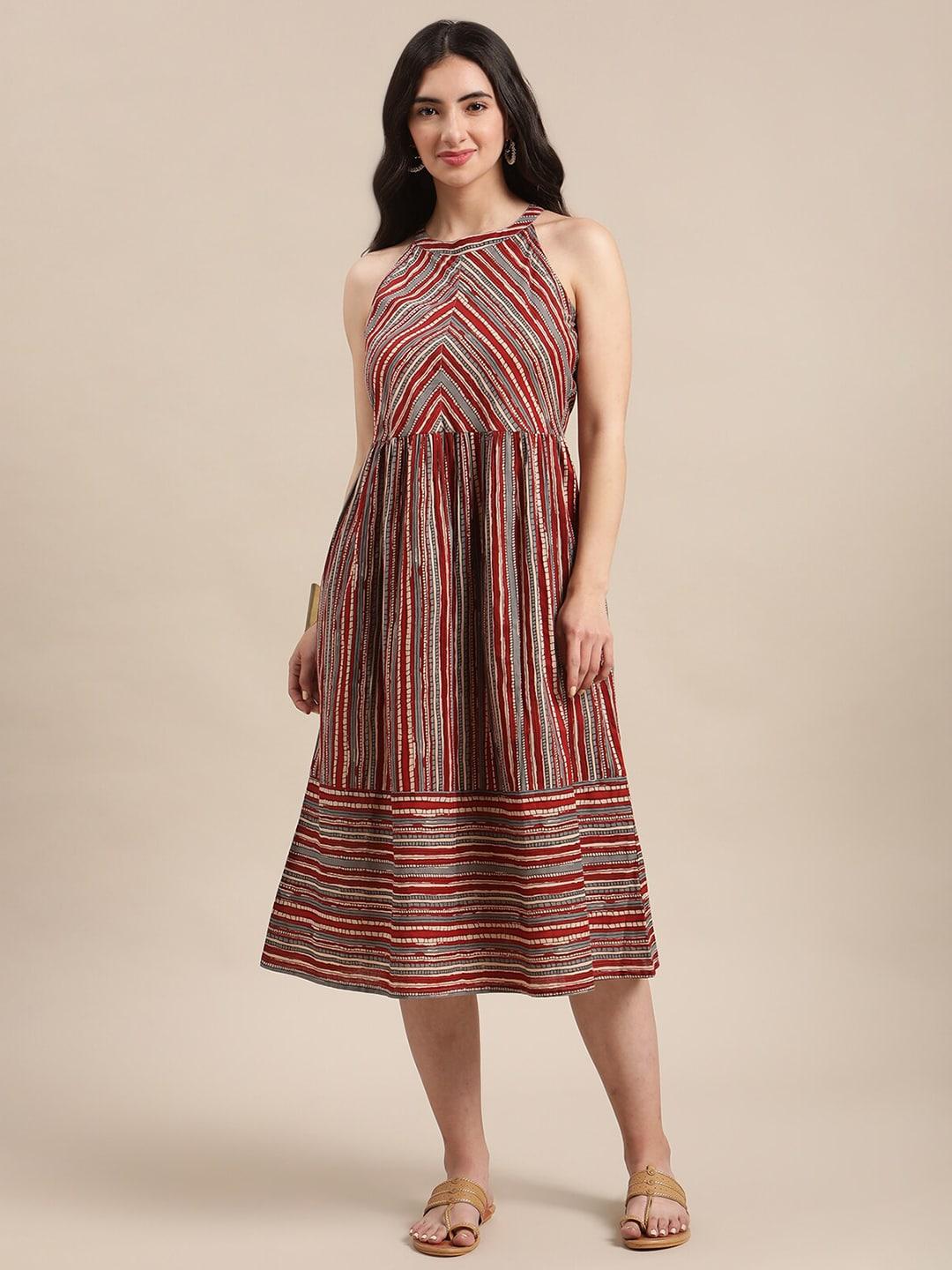 varanga-rust-striped-fit-&-flare-midi-dress