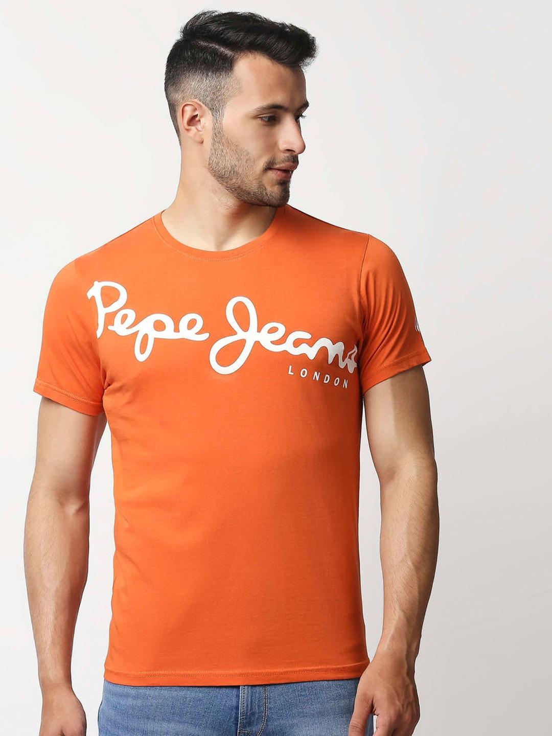 Pepe Jeans Men Orange Printed Slim Fit Cotton T-shirt
