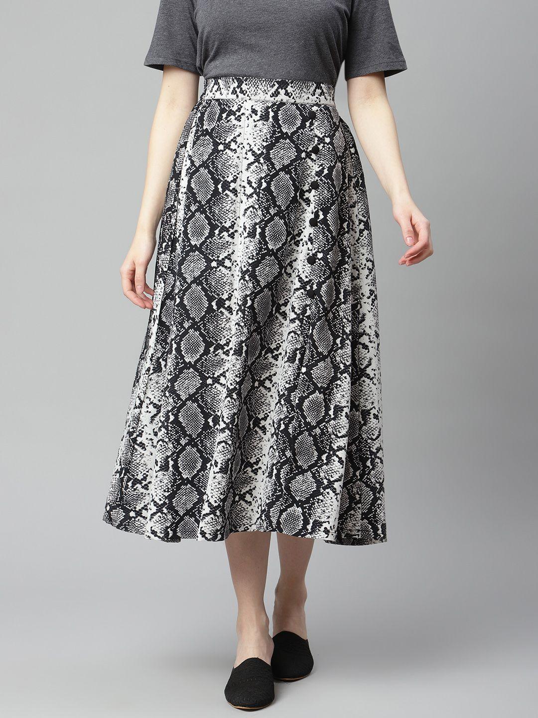 pluss-women-white-&-black-animal-skin-print-flared-hem-a-line-midi-skirt