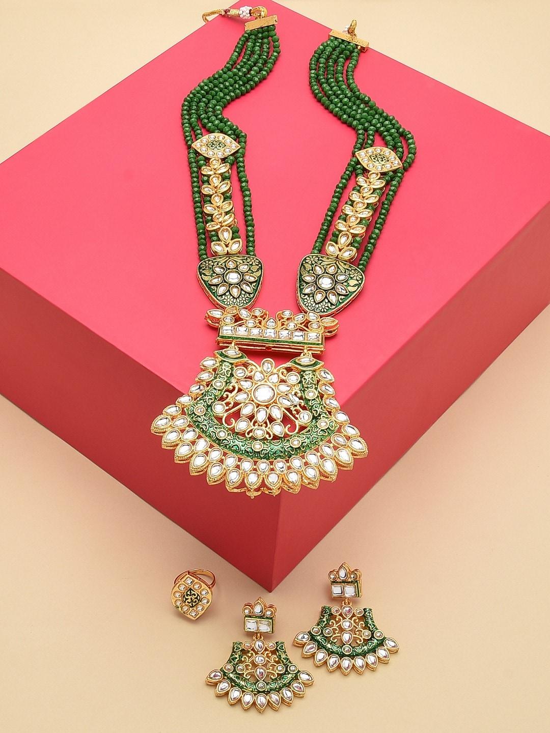Zaveri Pearls Gold-Plated Green & White Meenakari Kundan Studded Jewelry Set