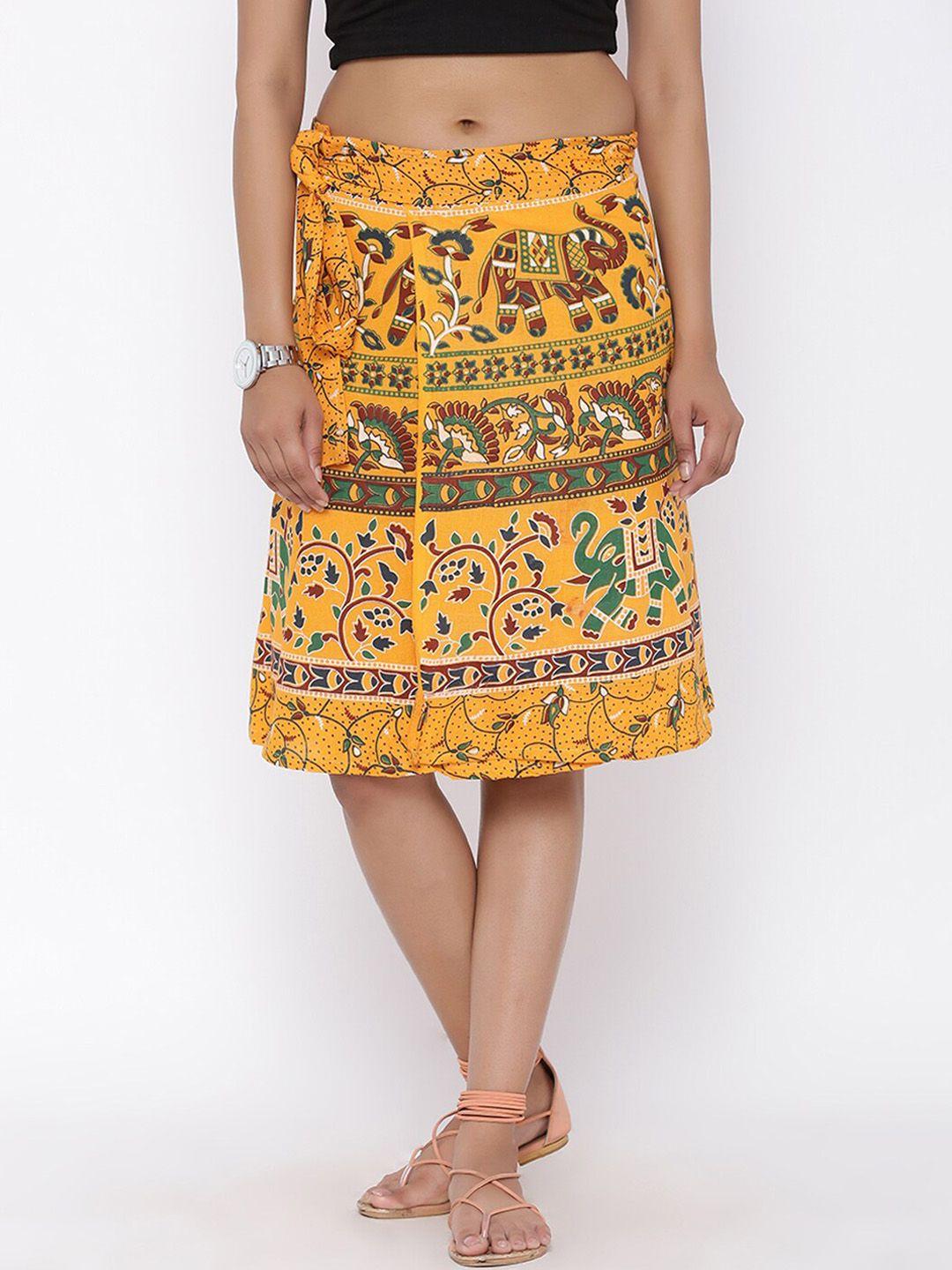 SOUNDARYA Women Yellow & Maroon Printed Wrap Pure Cotton Knee-Length Skirt
