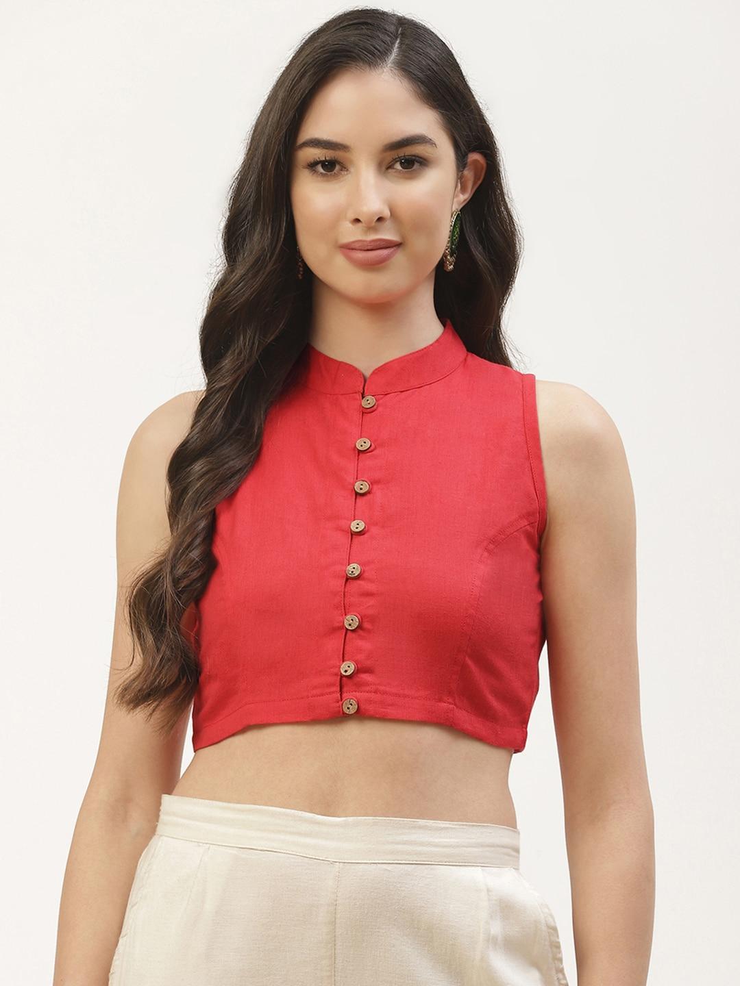 molcha-women-red-solid-mandarin-collar-sleeveless-saree-blouse