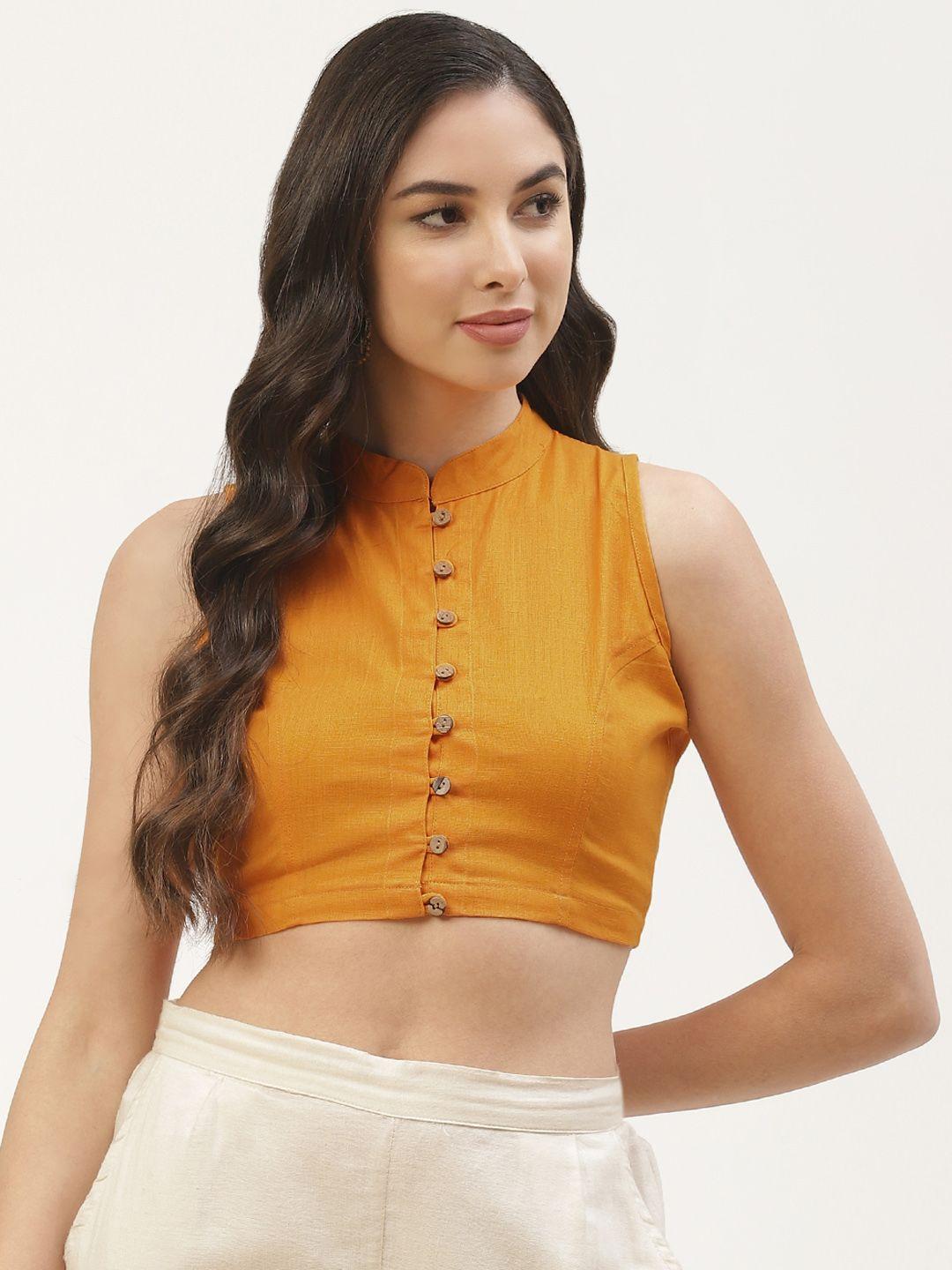molcha-women-mustard-yellow-solid-mandarin-collar-sleeveless-saree-blouse
