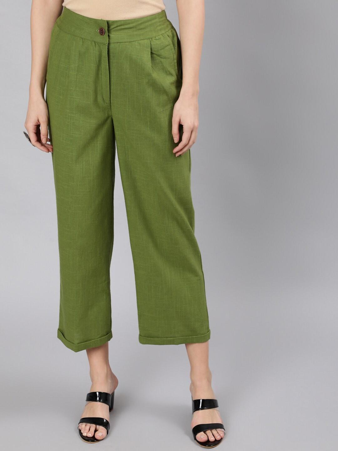 jaipur-kurti-women-green-straight-fit-high-rise-pleated-cotton-trousers