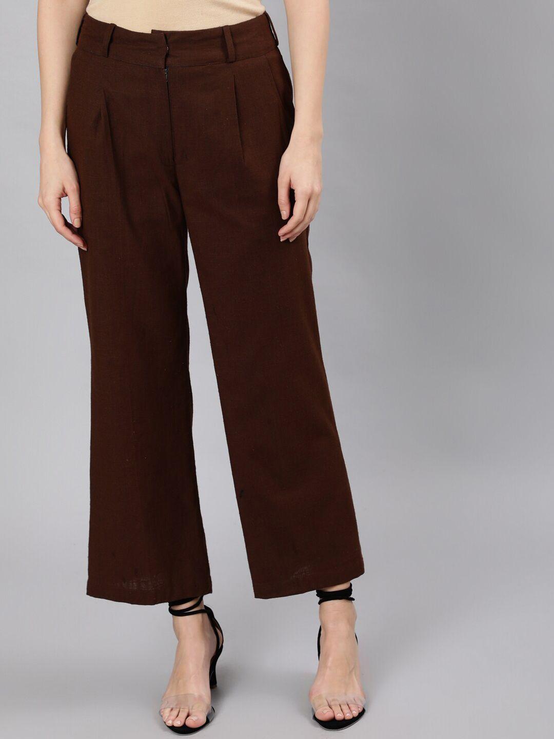 jaipur-kurti-women-brown-flared-high-rise-pleated-trousers