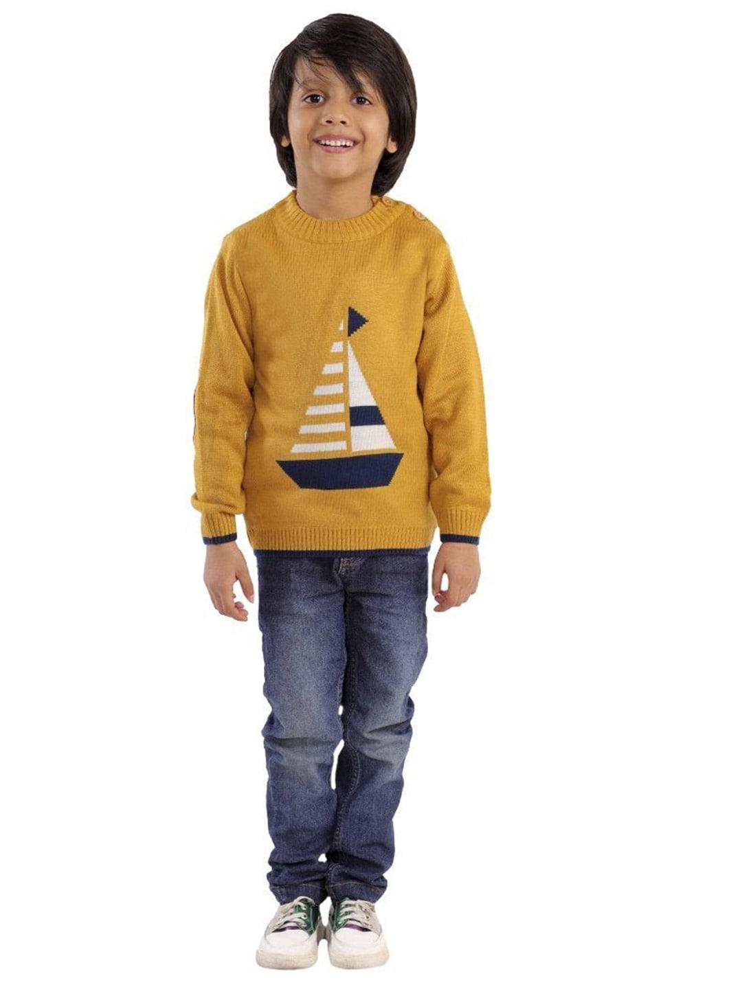 The Mom Store Boys Yellow & White Printed Pullover