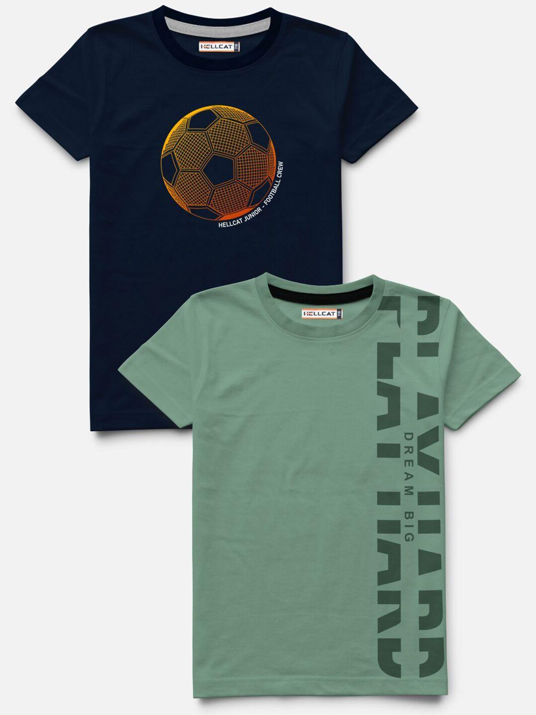 HELLCAT Boys Pack Of 2 Green & Navy Blue Typography Printed Cotton Bio Finish T-shirt
