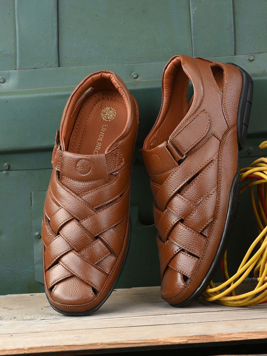 UNDERROUTE Men Tan Solid Leather Shoe-Style Sandals