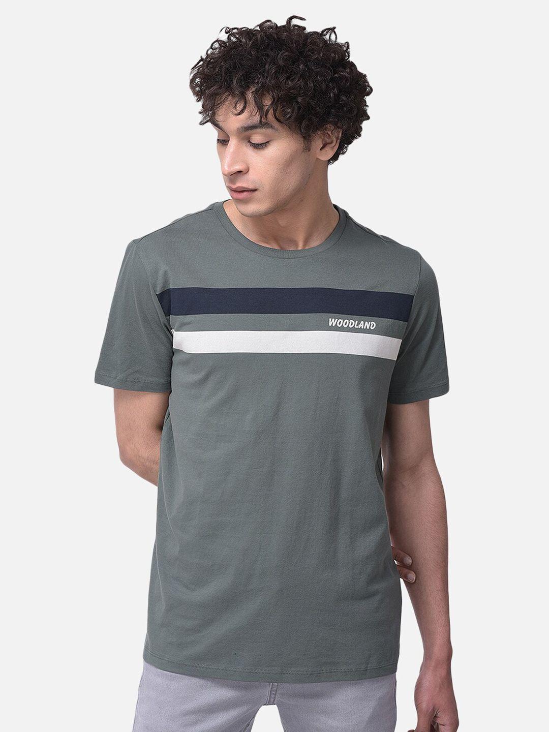 Woodland Men Cotton Grey & White Striped Printed T-shirt