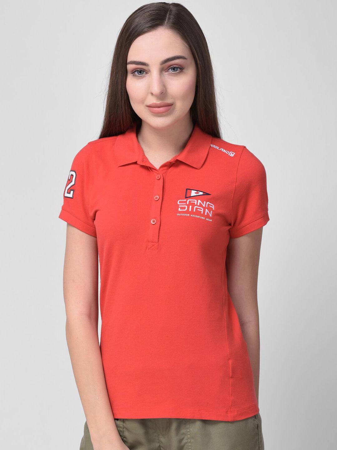 Woodland Women Red Embroidered Detail Polo Collar T-shirt