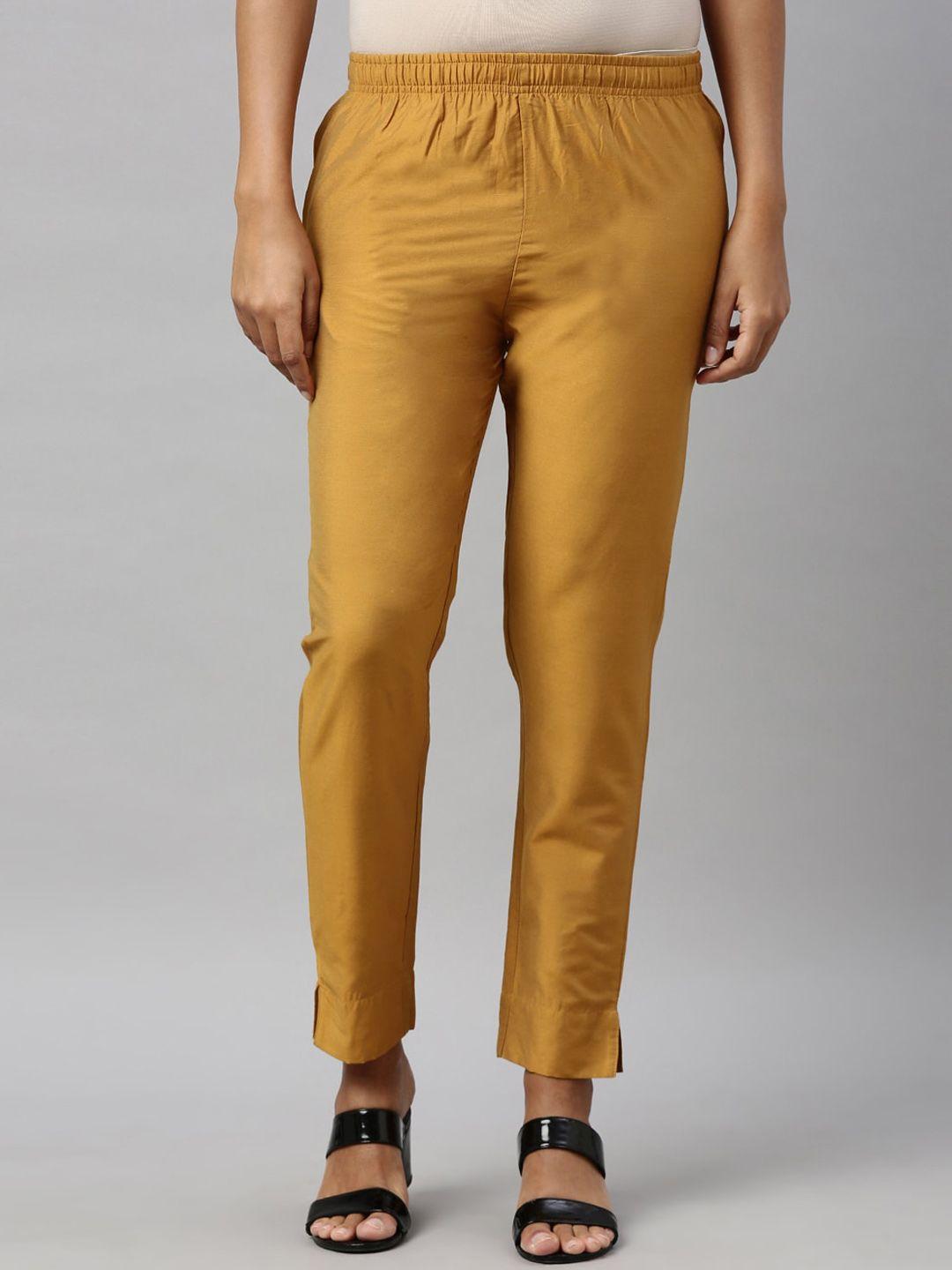 go-colors-women-metallic-mustard-yellow-mid-rise-trousers