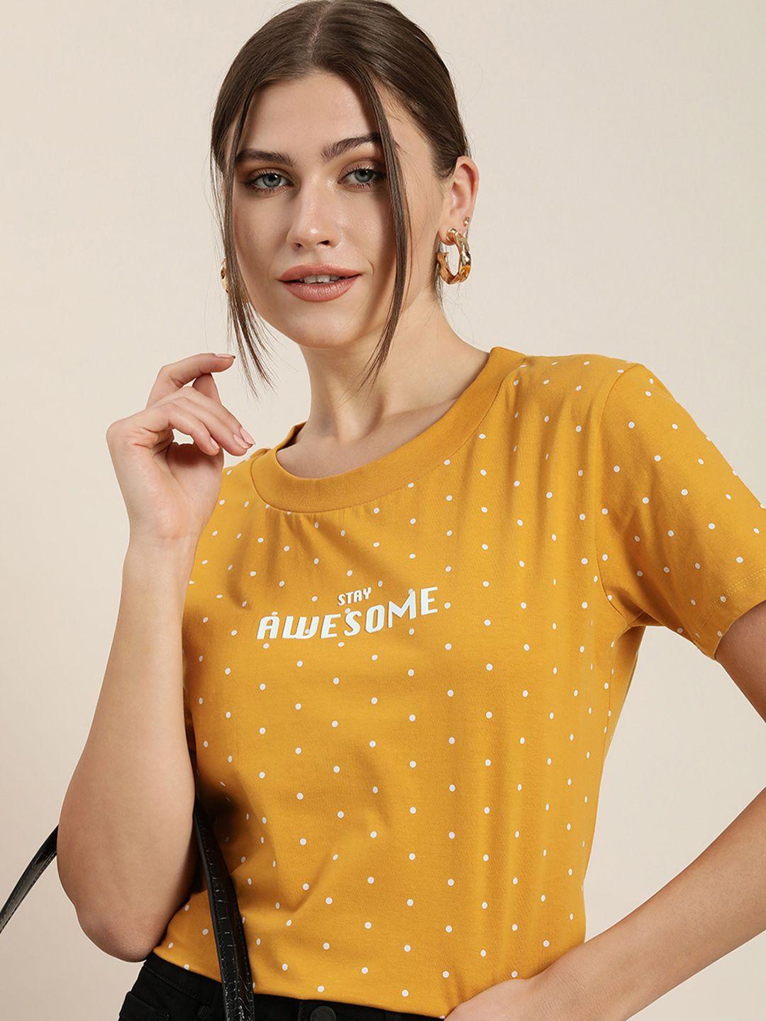 Moda Rapido Women Mustard Yellow Typography Printed Pure Cotton T-shirt